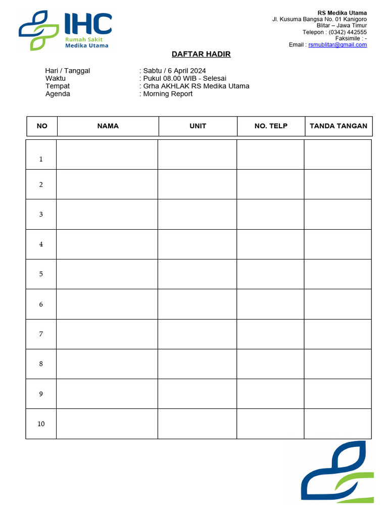 Daftar Hadir Morning Report RS Medika | PDF
