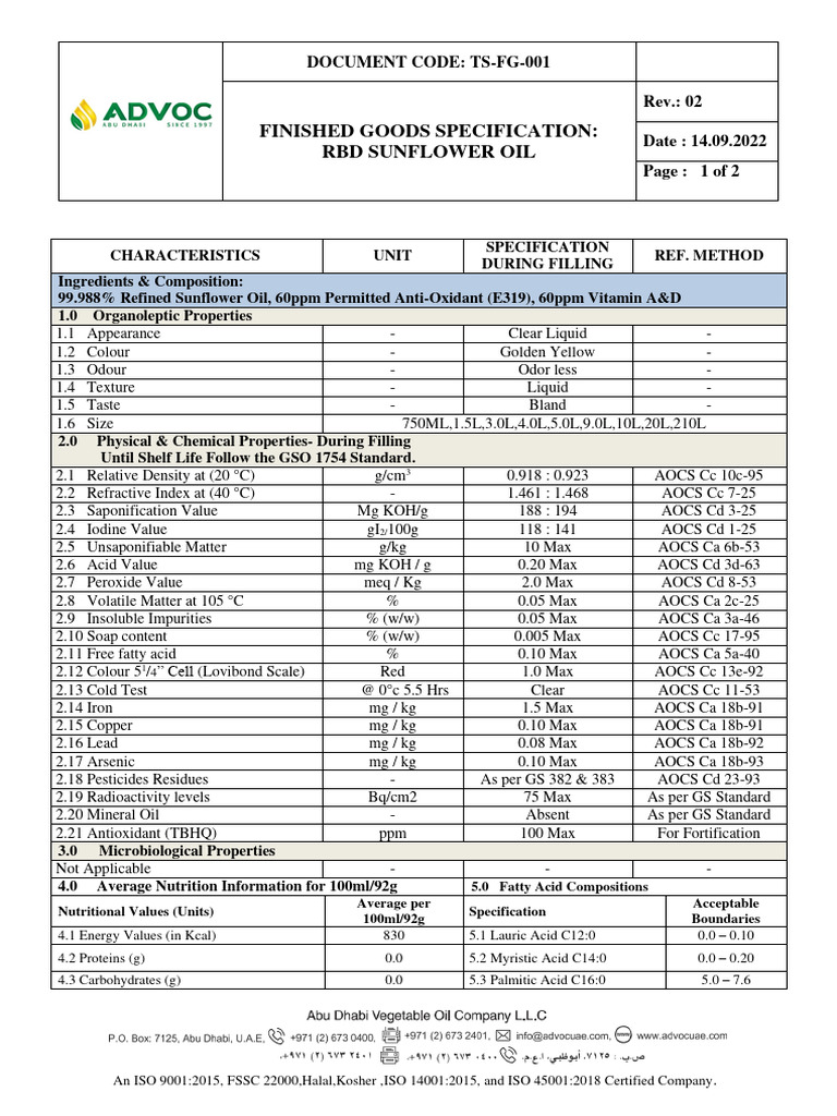 RBD Sunflower Oil Specification Document | PDF | Organic Compounds ...