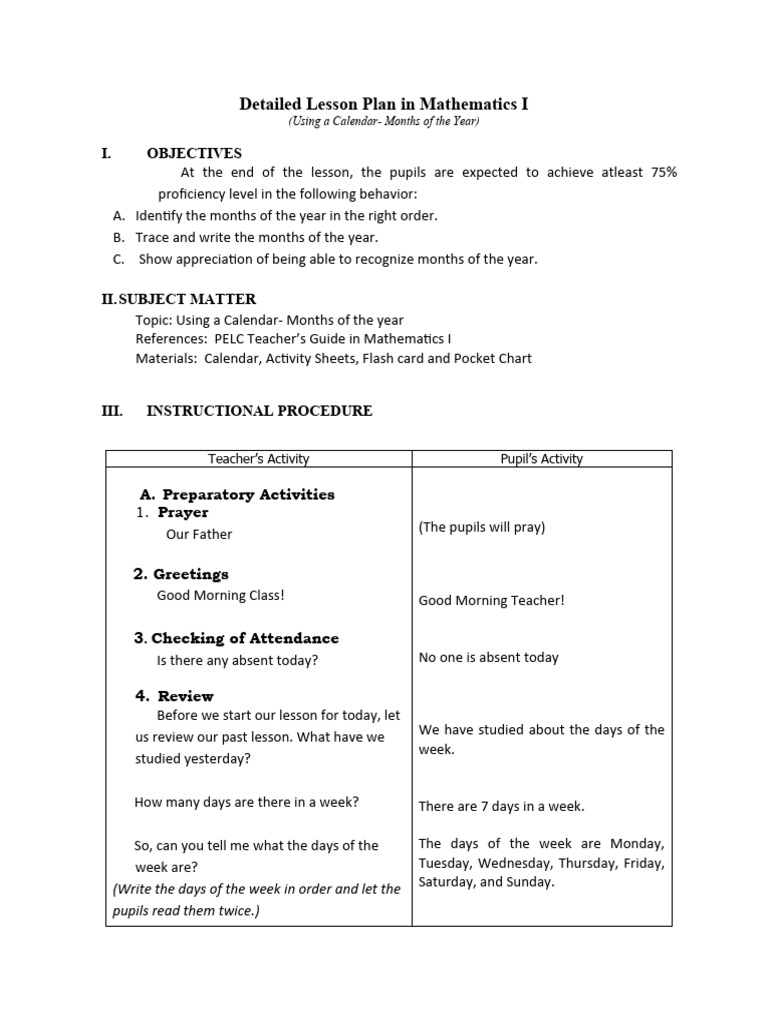 Detailed Lesson Plan in Mathematics 1.do | Download Free PDF | Lesson ...