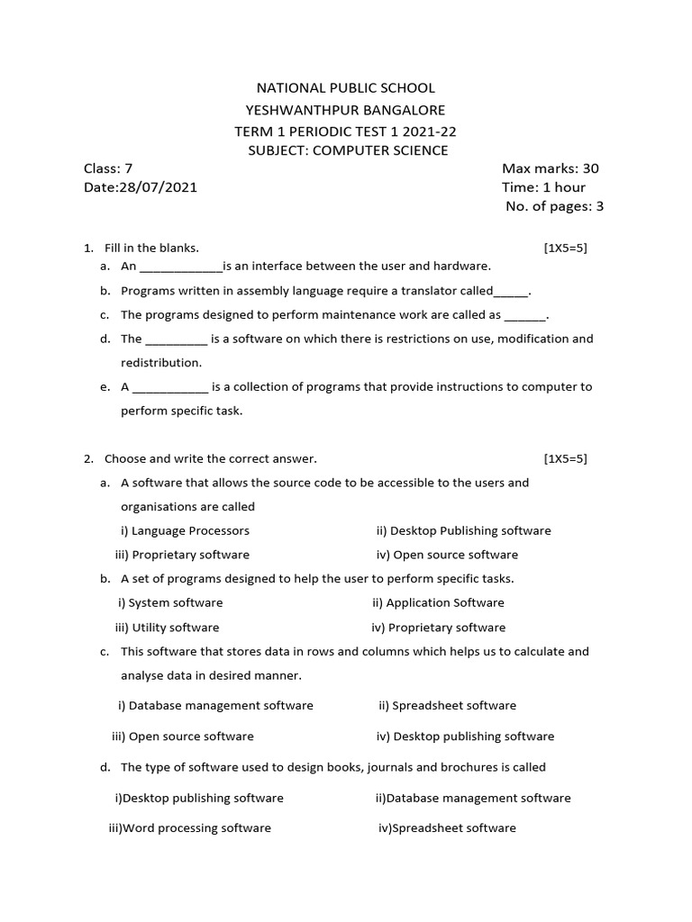 Class 7 Computer Qp Pdf Software Application Software