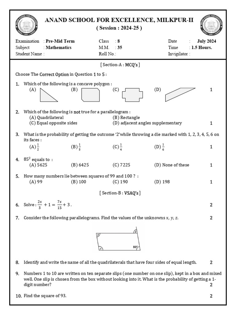 Class 8 Pre-Mid Term Maths Exam 2024 | PDF | Elementary Geometry ...