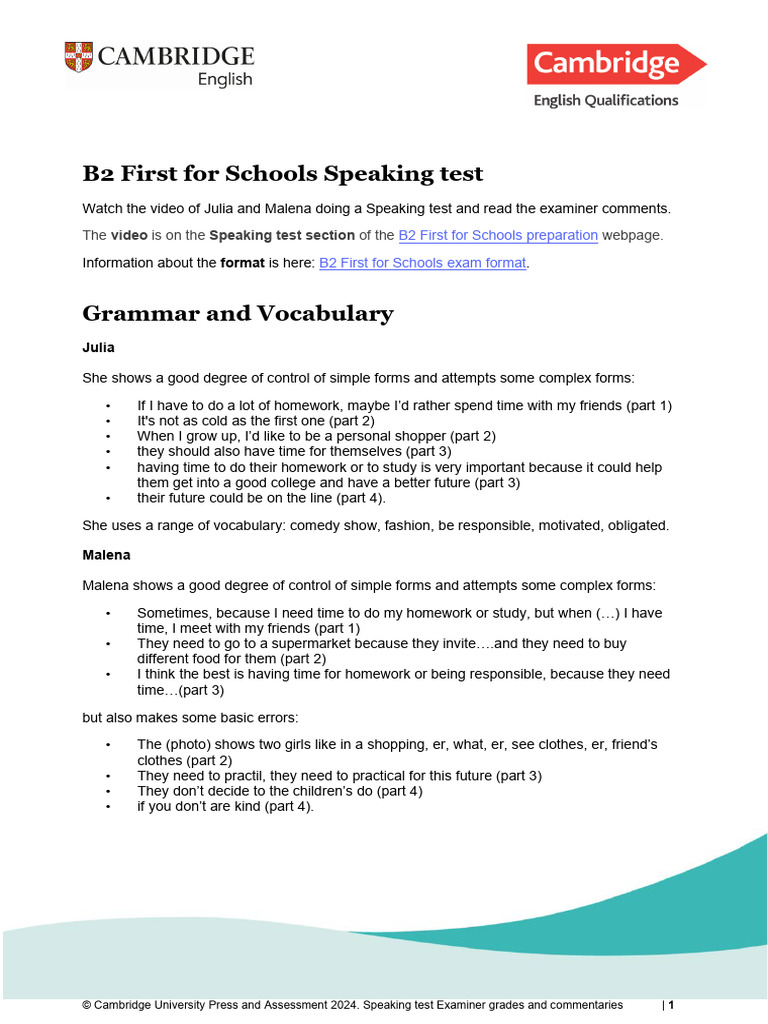 B2 First For Schools Examiner Comments Julia And Malena Pdf