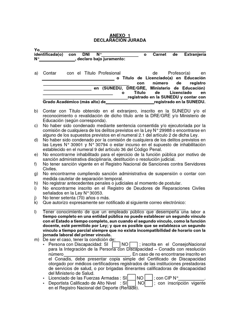 Declaración Jurada Anexo 1 Docente 2024 | PDF | Maestros | Educación ...