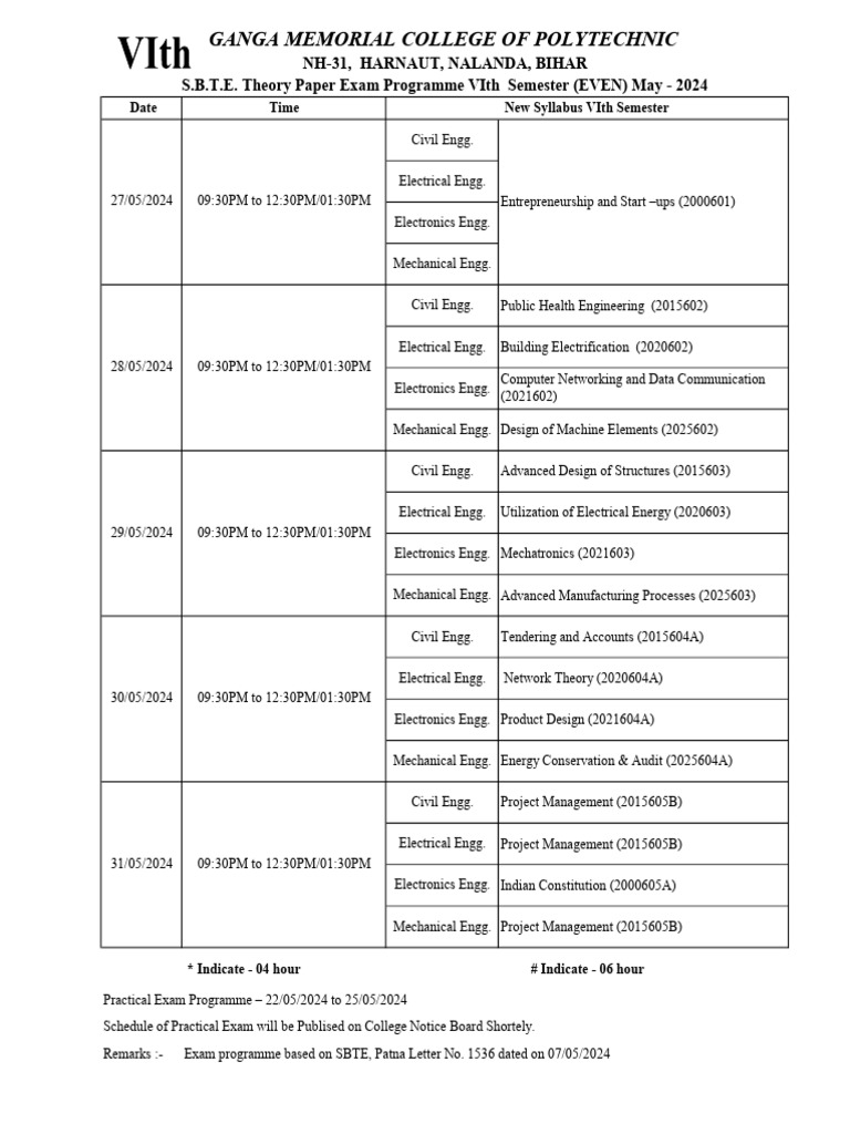 SBTE Polytechnic Exam Schedule May 2024 | PDF | Mechanical Engineering ...