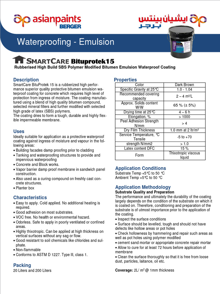 Smartcare Bituprotek Emulsion Rbe 5 | PDF | Concrete | Coating