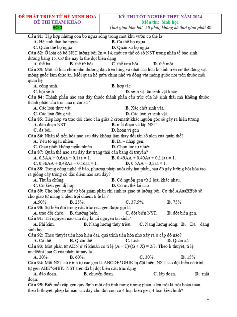 De Thi Thu TN THPT 2024 Mon Sinh Phat Trien Tu de Minh Hoa de 2 | PDF