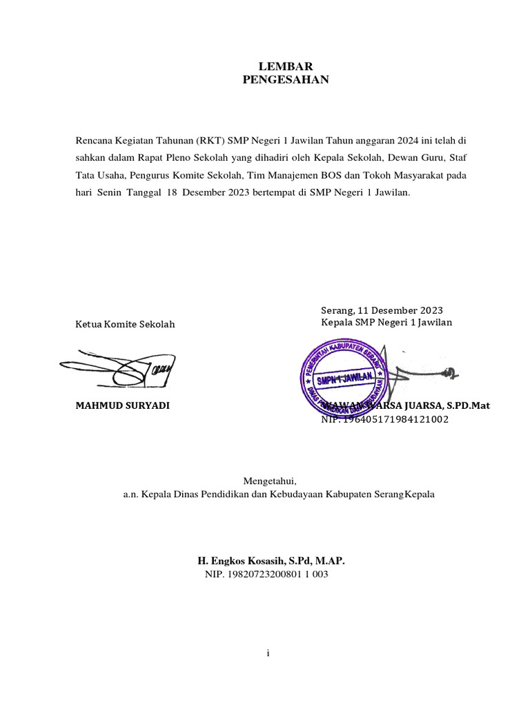 Lembar Pengesahan RKT | PDF