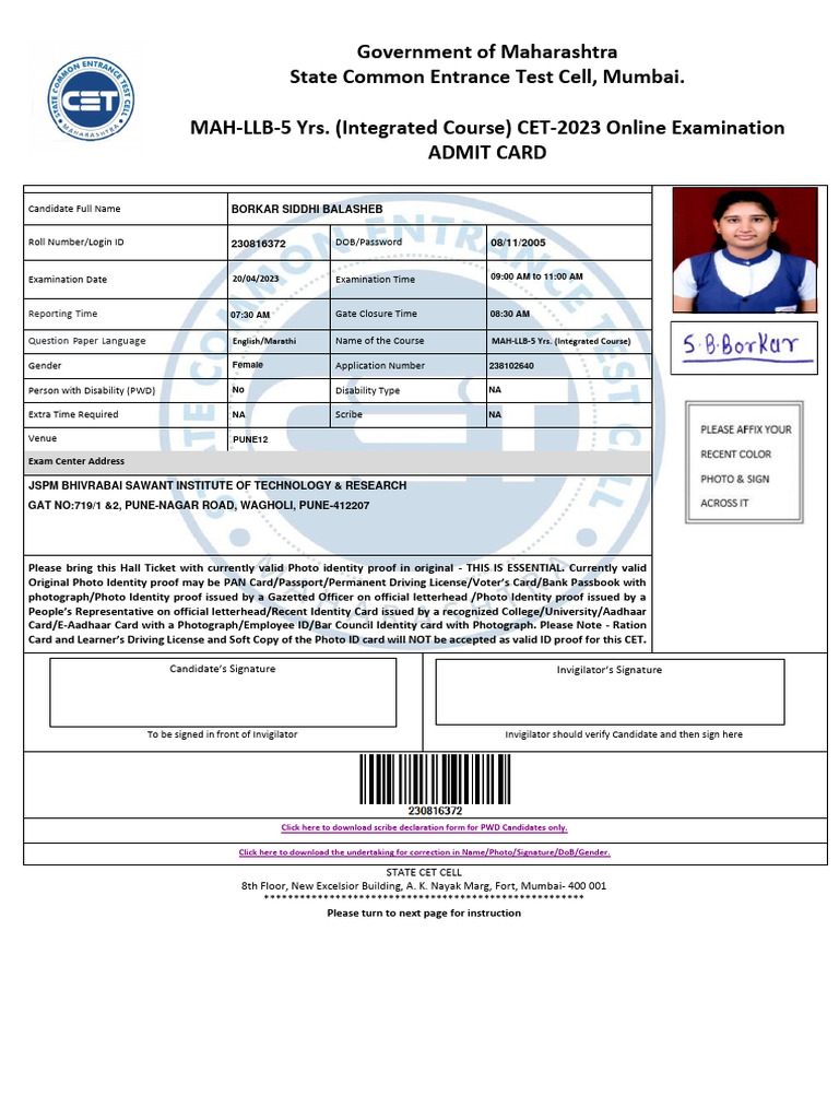 Government of Maharashtra State Common Entrance Test Cell, Mumbai. MAHLLB5 Yrs. (Integrated