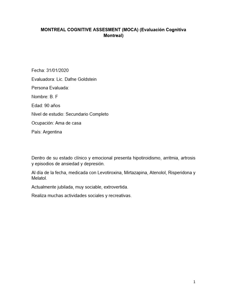 Evaluación Cognitiva MOCA de B.F. | PDF