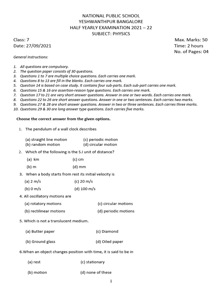 Class 7 Physics Exam Paper | PDF | Weight | Force