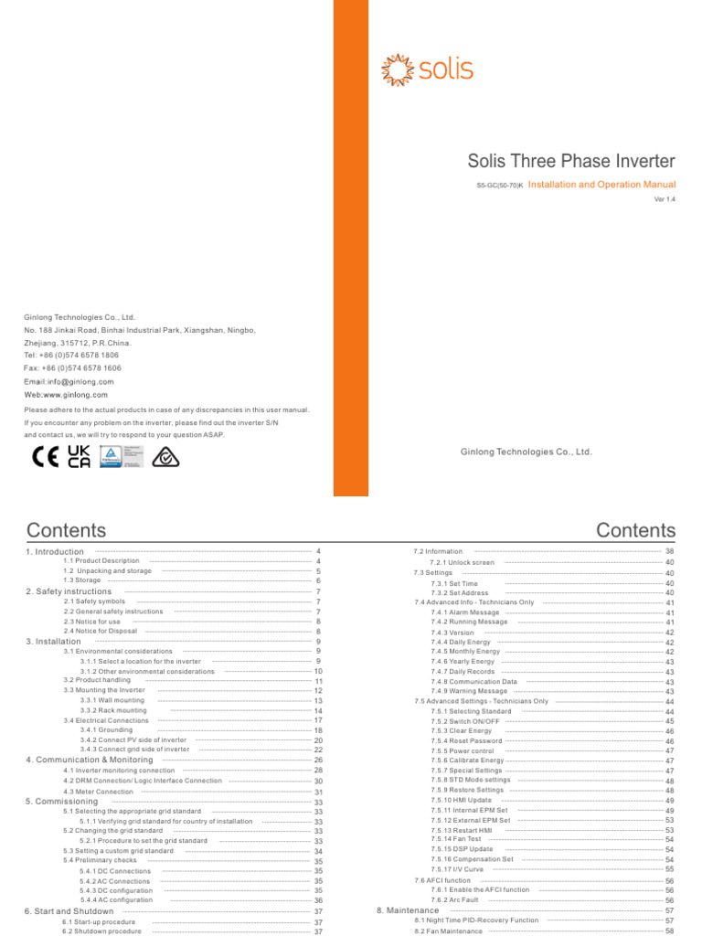 Solis Manual S5-GC (50-70) K EUR V1,4 (20230721) | PDF | Electrical ...