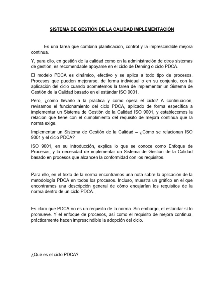 Implementación del SGC ISO 9001 y PDCA | PDF | Calidad (comercial ...