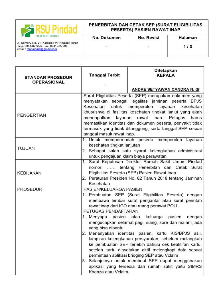 Prosedur Penerbitan SEP Pasien Rawat Inap | PDF