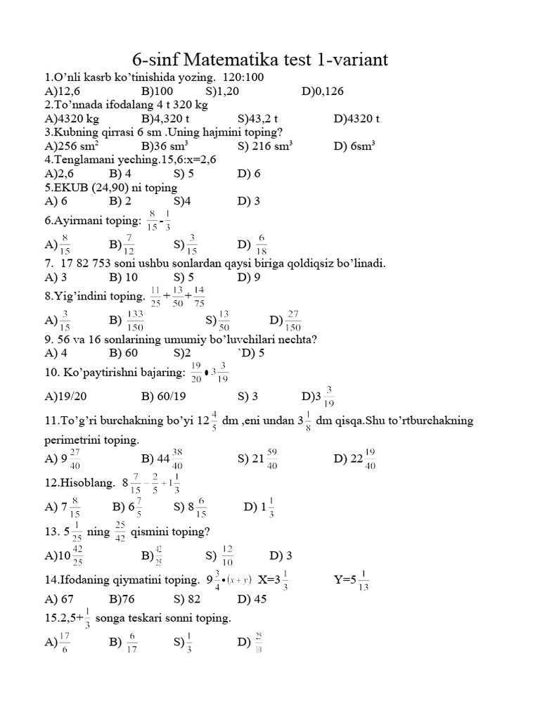 3 sinf matematika test 2 chorak