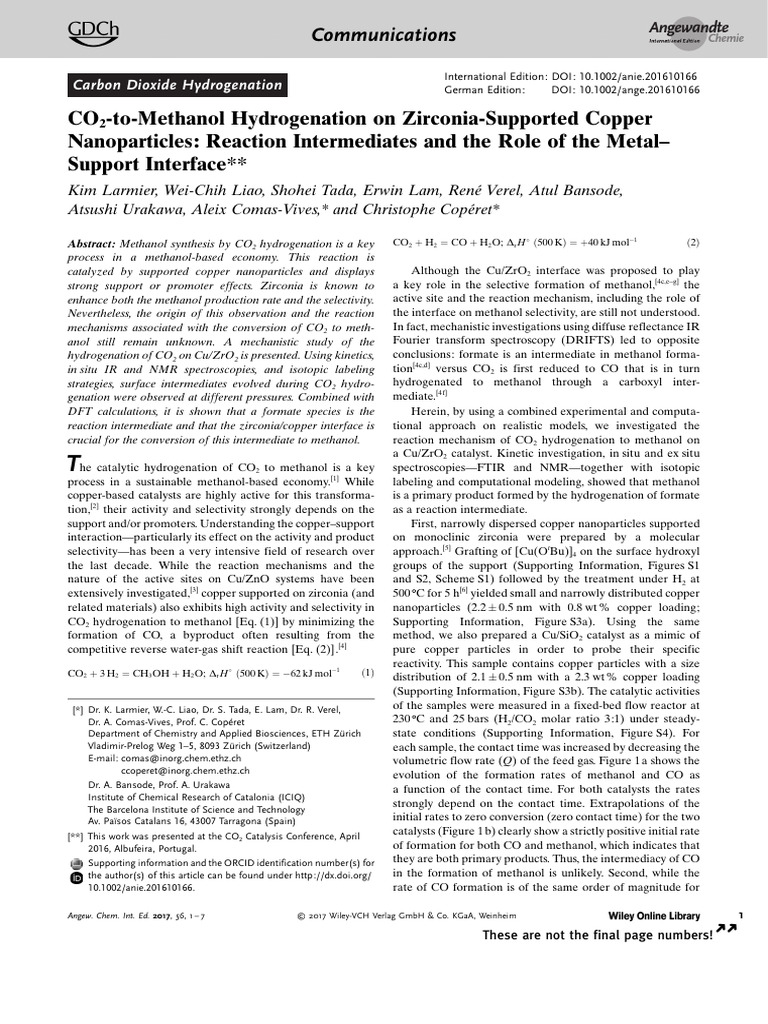 CO2 Hydrogenation to Methanol on Cu/ZrO2 | PDF | Catalysis | Adsorption