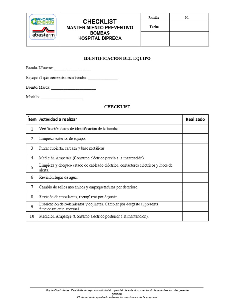 Checklist Mantenimiento Bombas Agua | PDF | Rodamiento (Mecánico ...