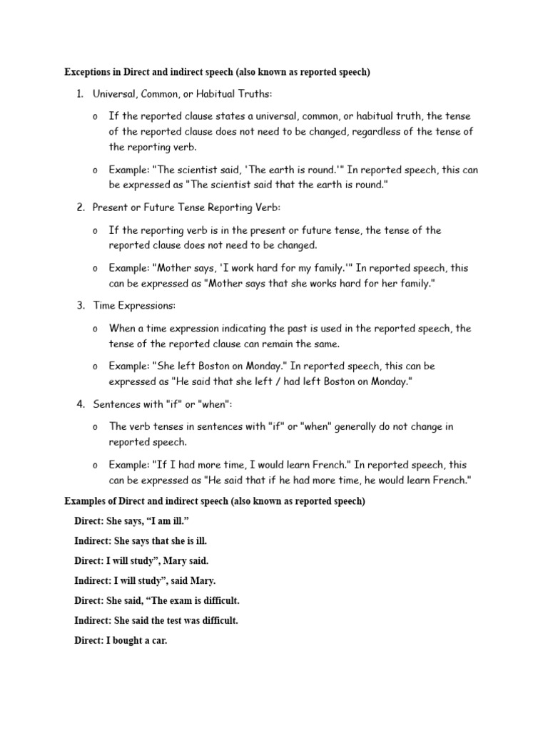 Exceptions in Direct and Indirect Speech | PDF | Grammatical Tense ...