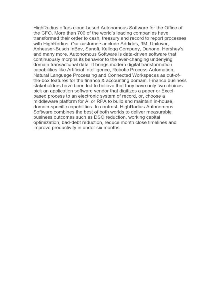 HighRadius CFO Autonomous Software Solutions | PDF