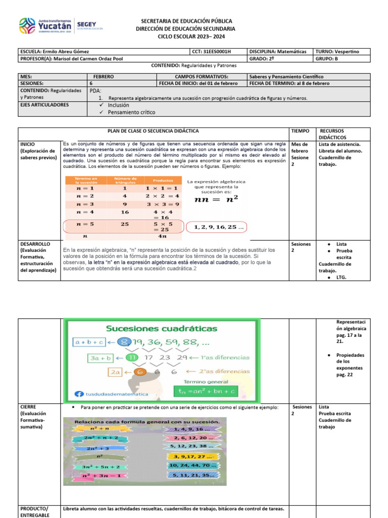 Plan de Clases de Matemáticas 2º Grado | PDF | Ecuaciones | Evaluación