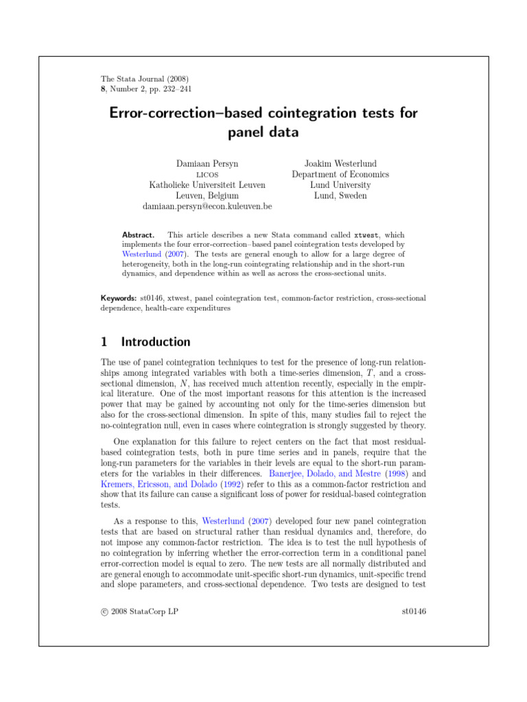 Error-Correction-Based Cointegration Tests For Panel Data | PDF | P ...