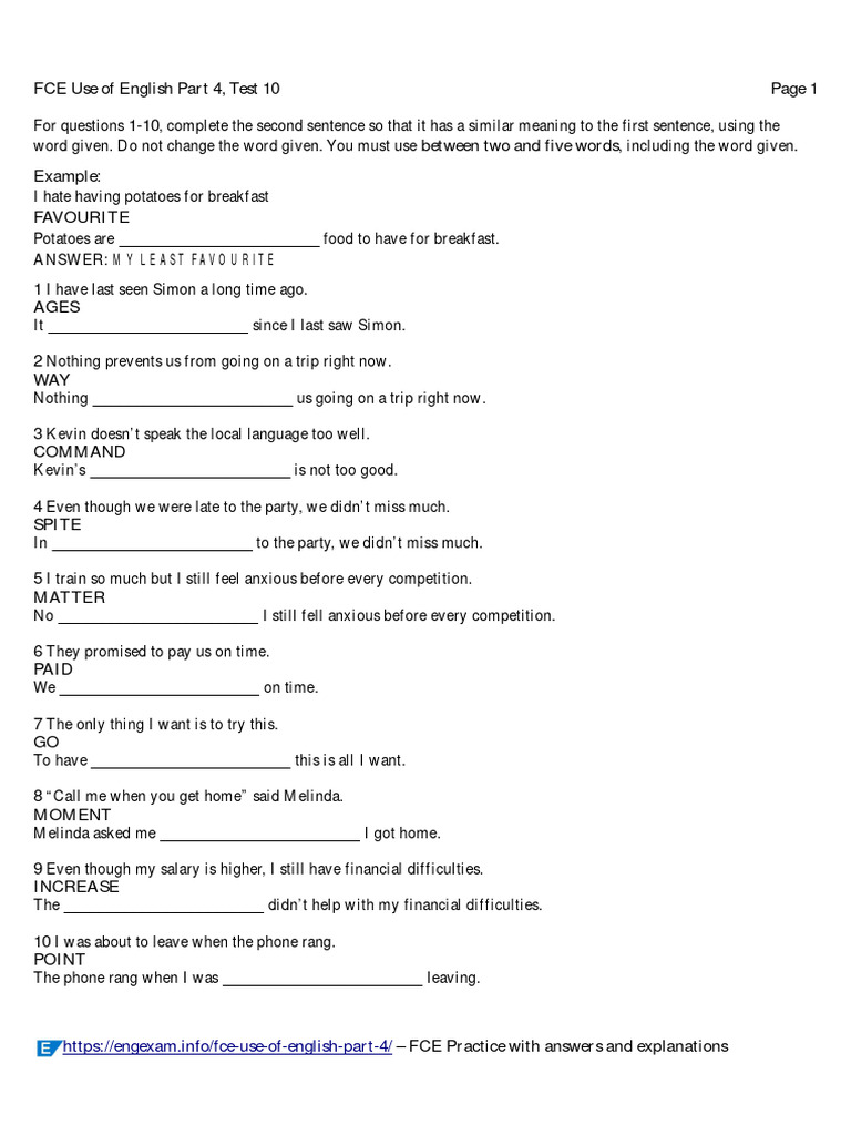 Use of English Part 4, Test 10 | PDF | Verb | Linguistics