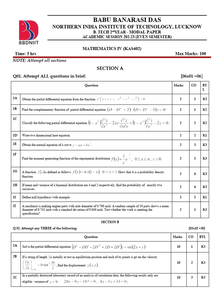 XIII MATHS IV MODAL PAPER 2022-23 (N Even Sem) | PDF | Variance ...