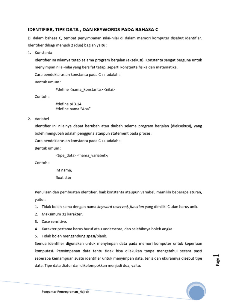 Identifier dan Tipe Data dalam C | PDF