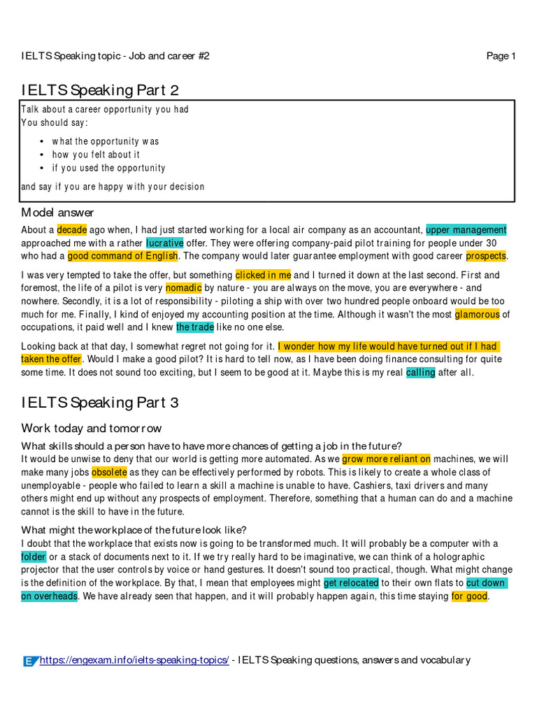 IELTS Speaking 2 and 3 - Job and Career 2 v2 | PDF