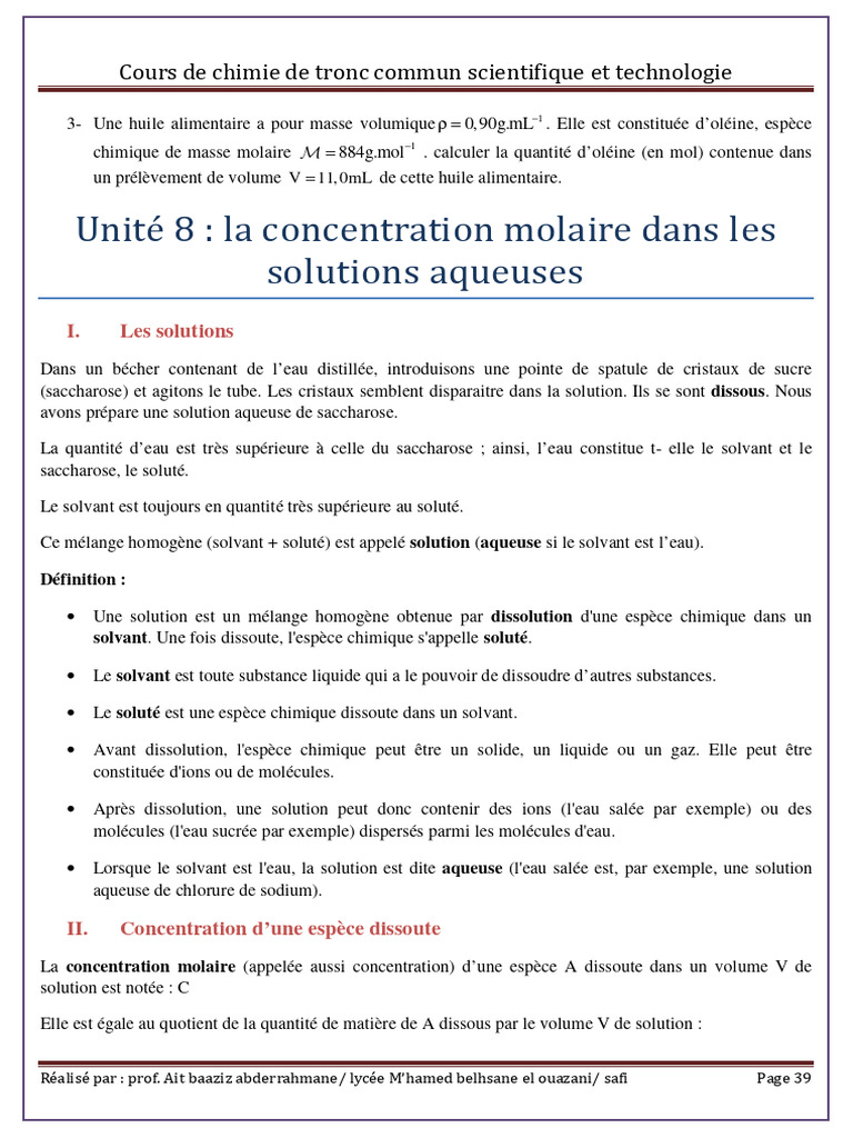 Calcul de la concentration molaire en chimie | PDF | Concentration ...