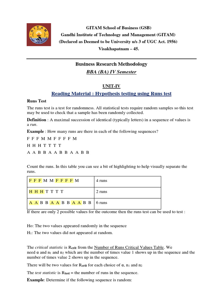 Runs Test for Randomness Explained | PDF | Randomness | Statistical ...
