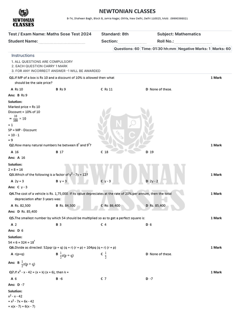 Class 8 SOSE Mathematics Exam Paper | PDF | Elementary Mathematics ...