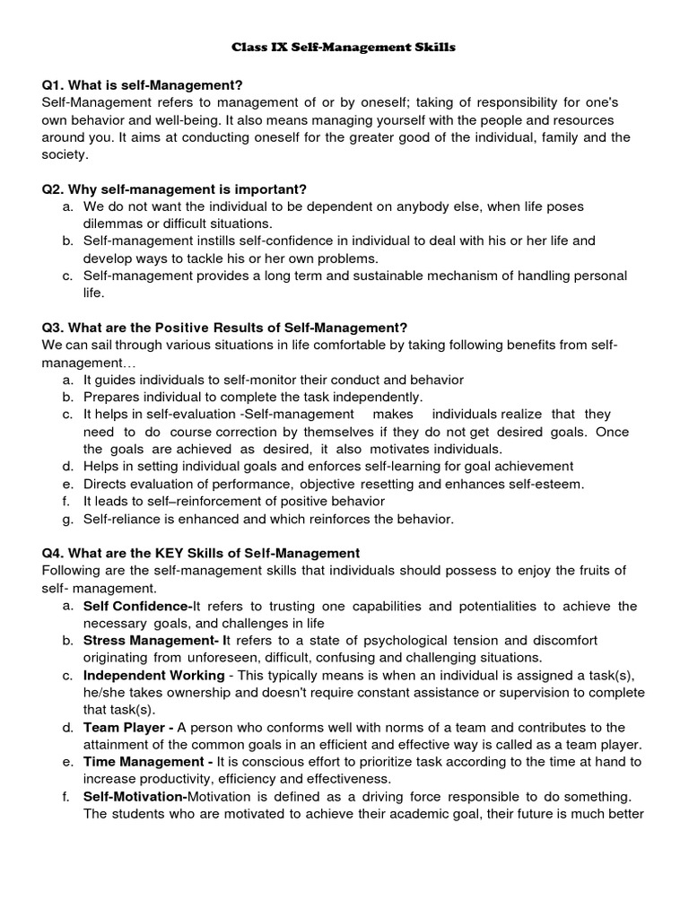 Understanding Self-Management Skills | PDF | Self Esteem | Goal