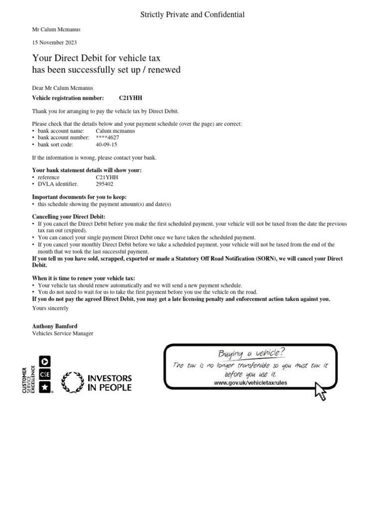 Vehicle Tax Direct Debit Confirmation | PDF | Driving | Transport