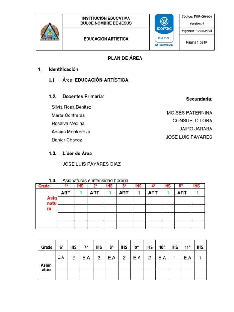 Plan de Area y Asignatura ARTISTICA | PDF | Educación en artes visuales ...