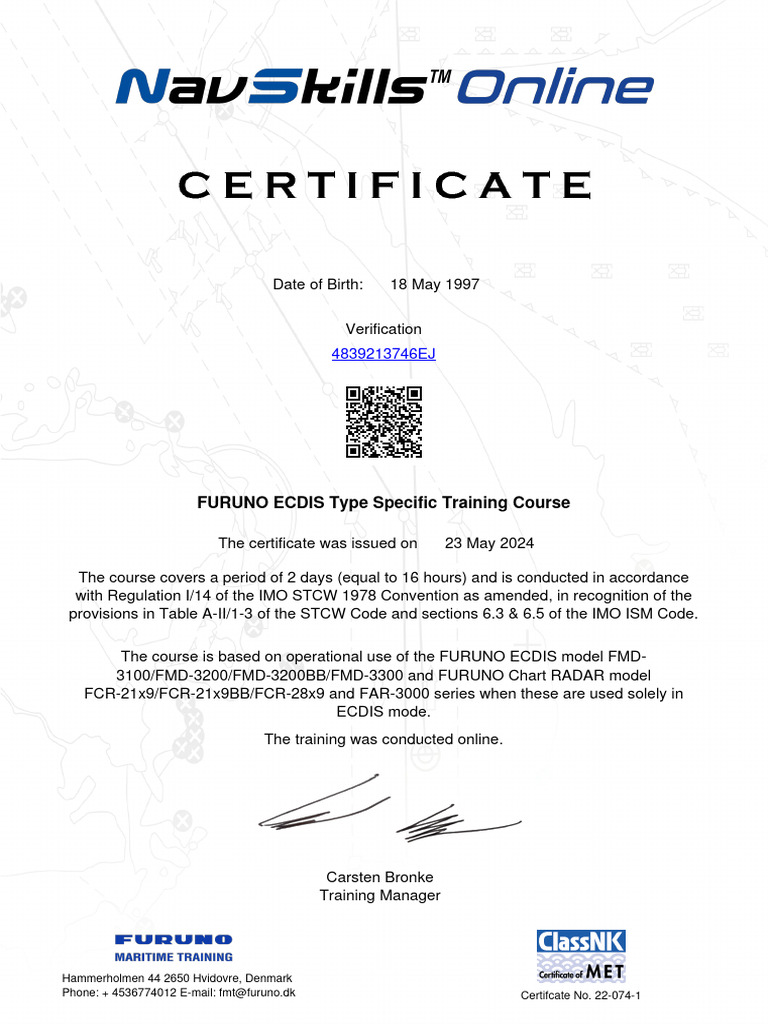 FURUNO ECDIS Training Certificate | PDF