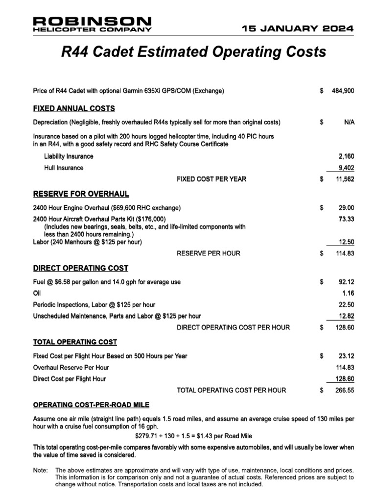 R44 Cadet Operating Costs 2024 | PDF | Transport | Aviation