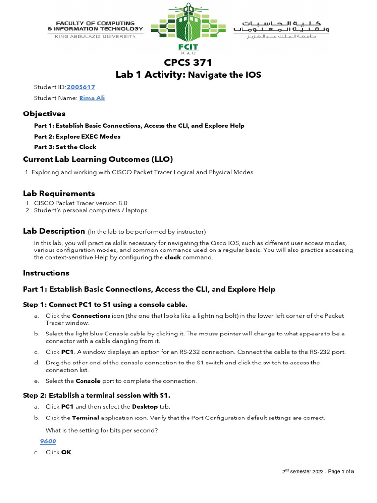 CPCS 371 Lab 1 Activity:: Navigate The IOS | PDF | Command Line ...