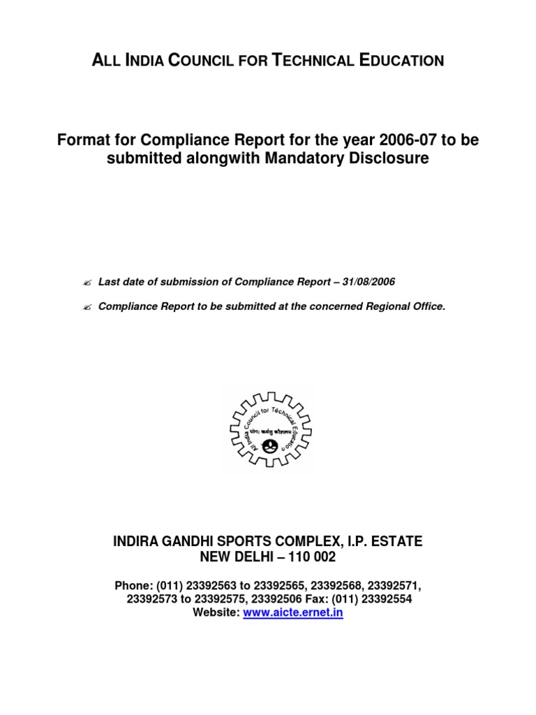 A I C T E: Format For Compliance Report For The Year 2006-07 To Be ...