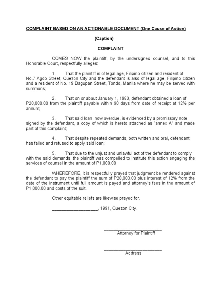 Complaint Based on an Actionable Document (One Cause of Action