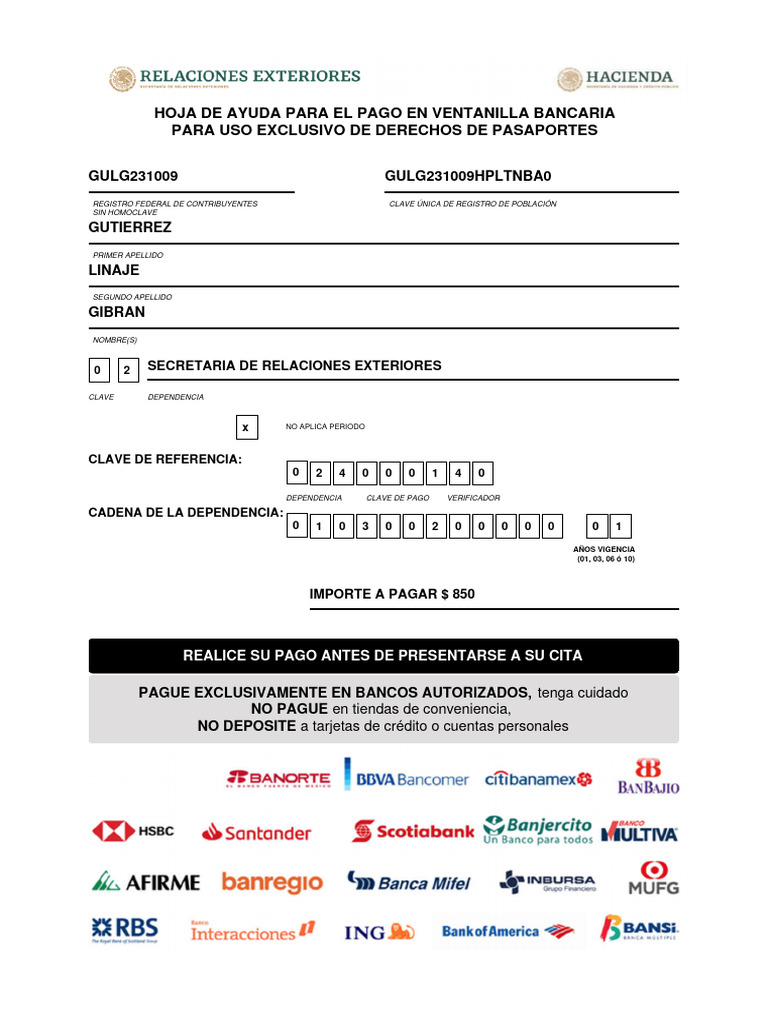 Instrucciones de Pago para Pasaportes | PDF
