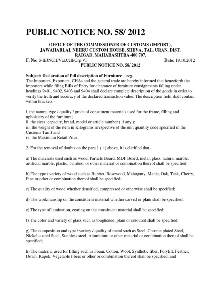 Customs Notice on Furniture Import Declarations | PDF | Materials ...