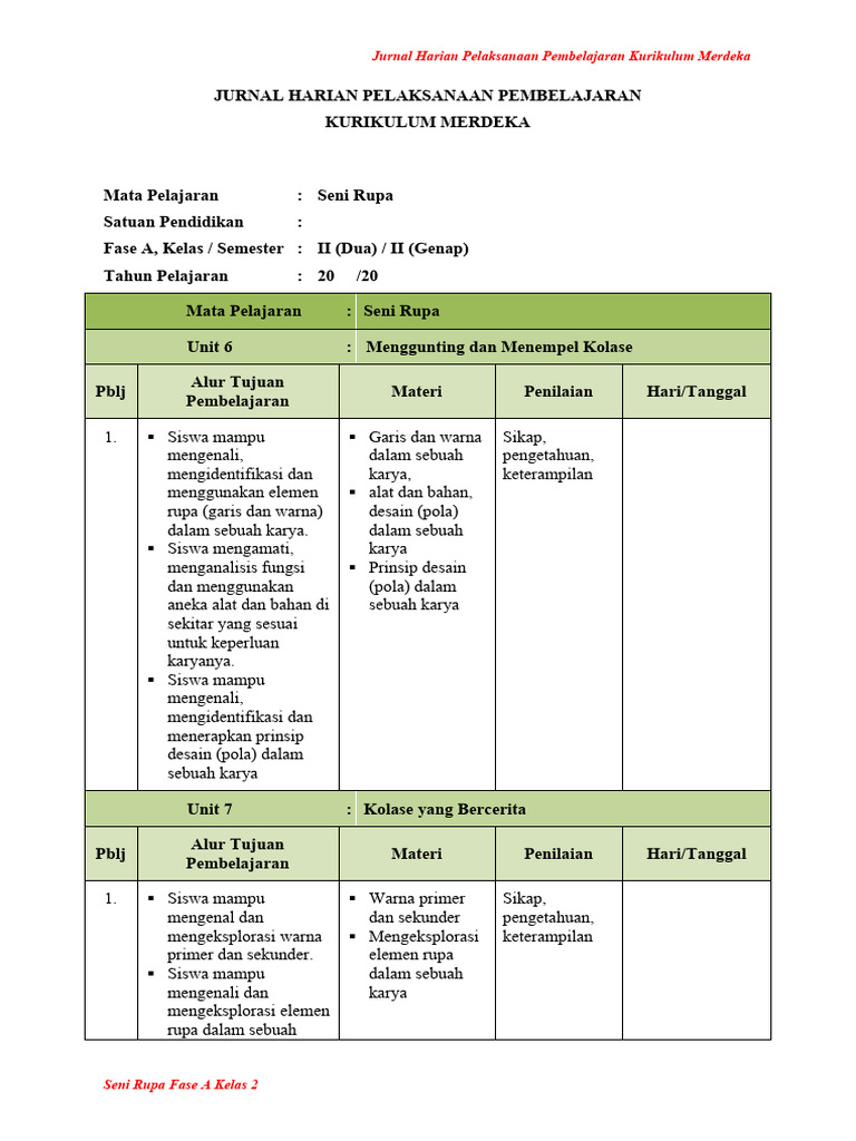 Jurnal Harian Seni Rupa Kelas 2 | PDF