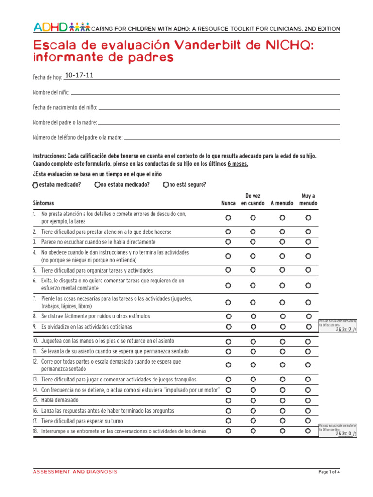 Escala de Evaluacion Vanderbilt de NICHQ | PDF | Síndrome de Tourette ...