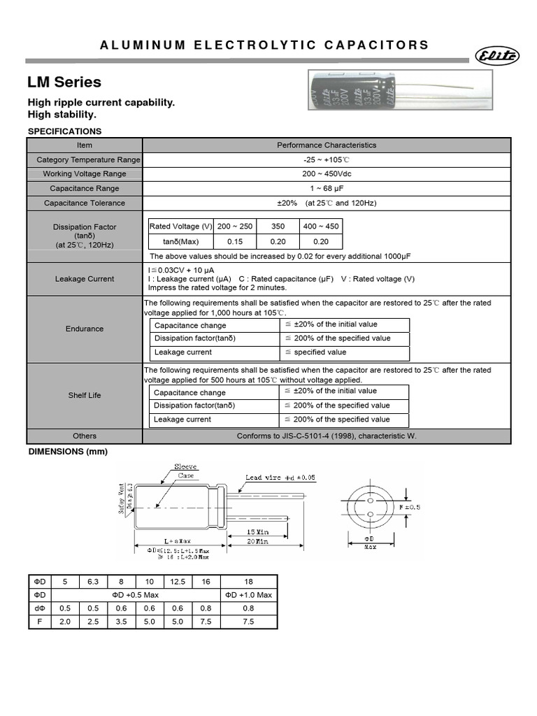 Elite (Radial Thru-Hole) LM Series | PDF | Capacitor | Capacitance