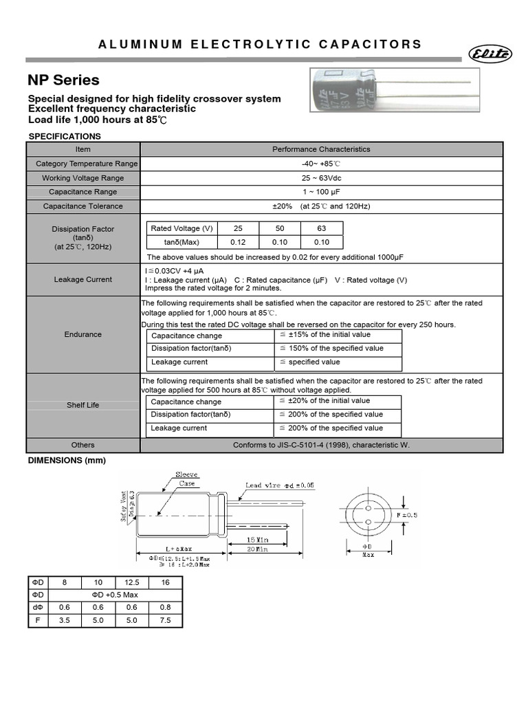 Elite (Radial Thru-Hole) NP Series | Download Free PDF | Capacitor ...