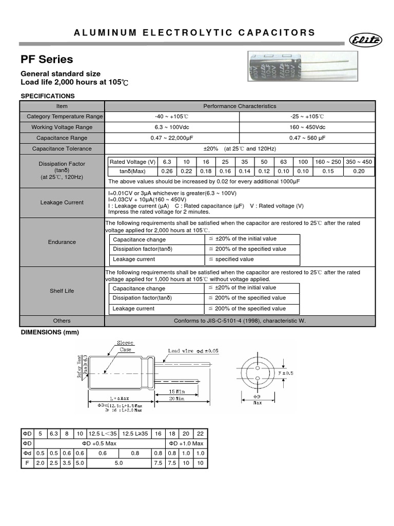 Elite (Radial Thru-Hole) PF Series | PDF | Capacitor | Capacitance