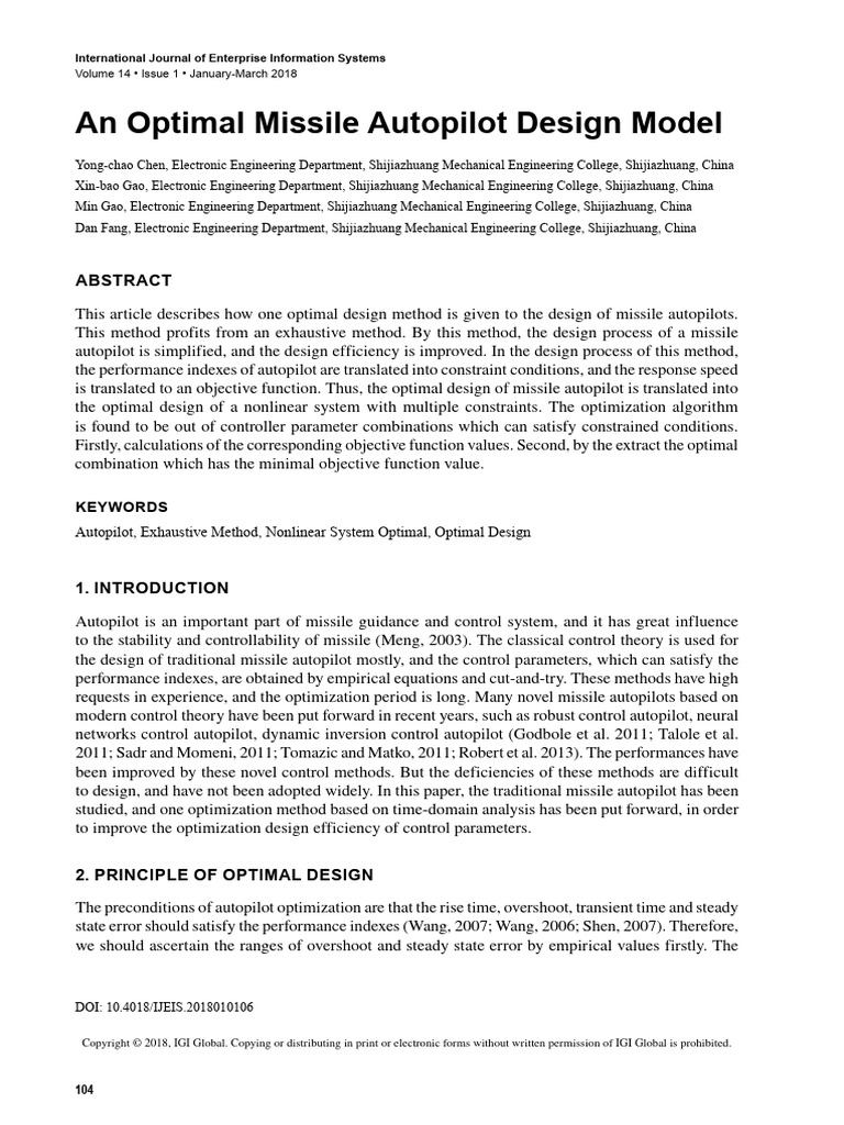 An Optimal Missile Autopilot Design Model PDF Mathematical
