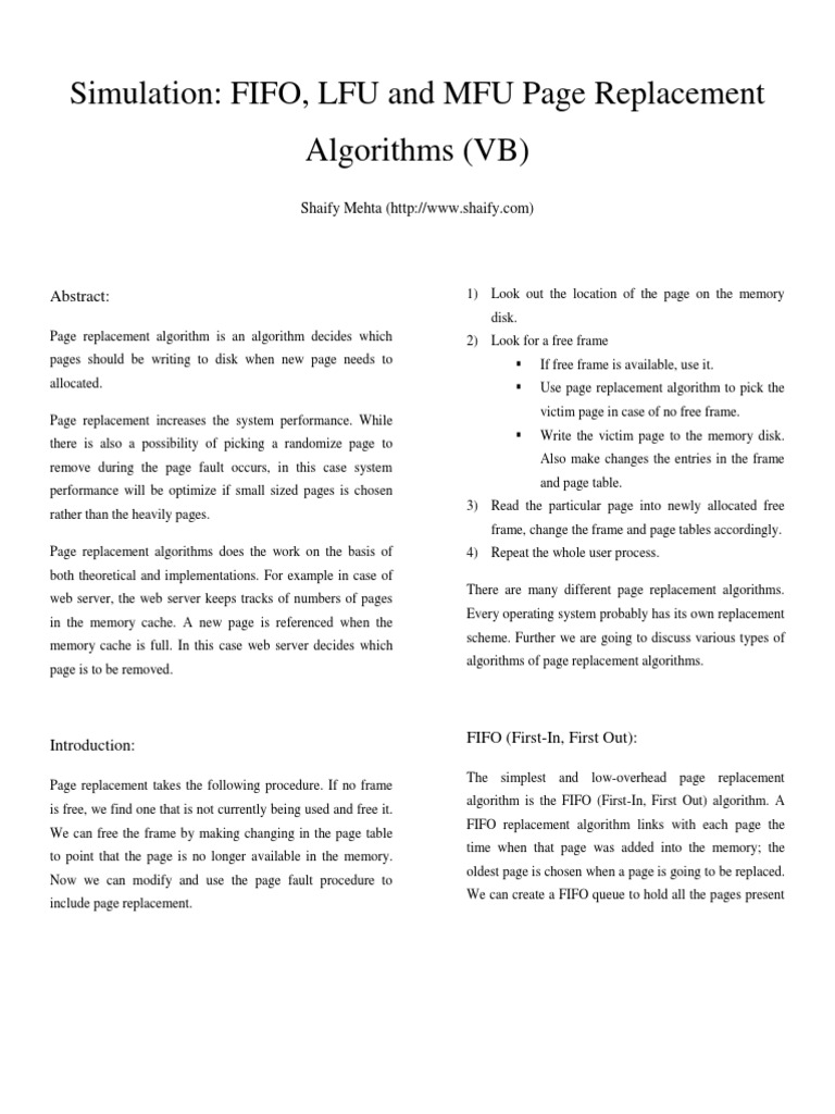 Simulation Fifo Lfu And Mfu Page Replacement Algorithms Vb By Shaify Mehta Computer Engineering Technology Engineering