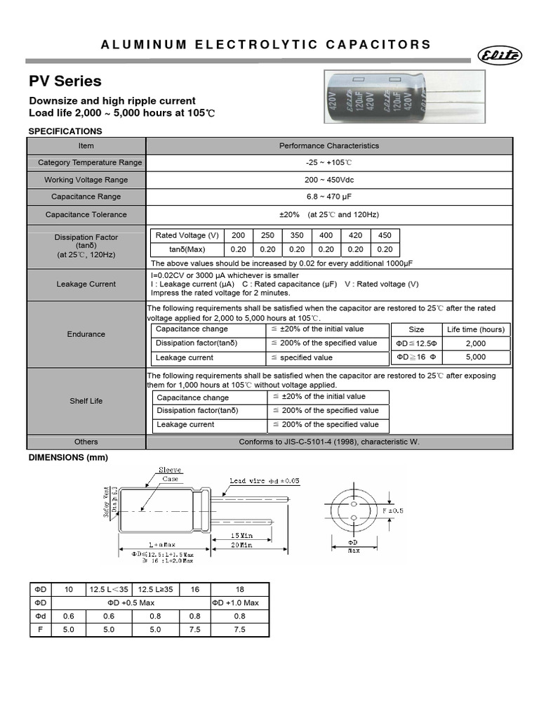 Elite (Radial Thru-Hole) PV Series | PDF | Capacitor | Capacitance