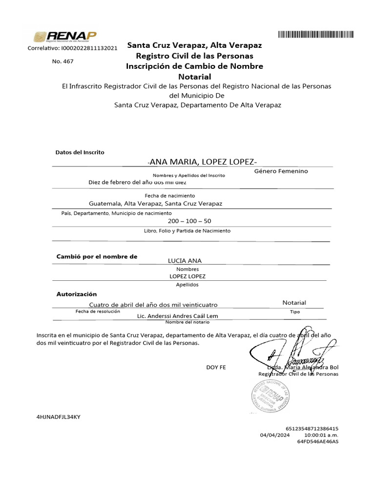 Inscripción de Cambio de Nombre en Alta Verapaz | PDF | Derecho Civil ...